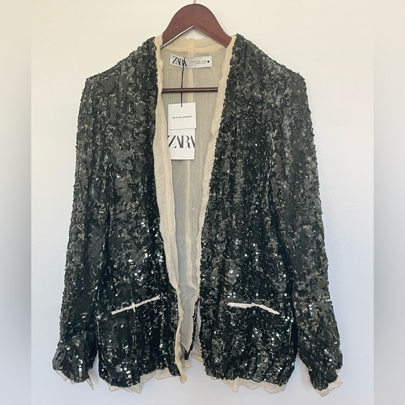 ZARA NEW WOMAN ZW COLLECTION SEQUIN BLAZER GREEN SIZE XS 3736/319 - Picture 2 of 15